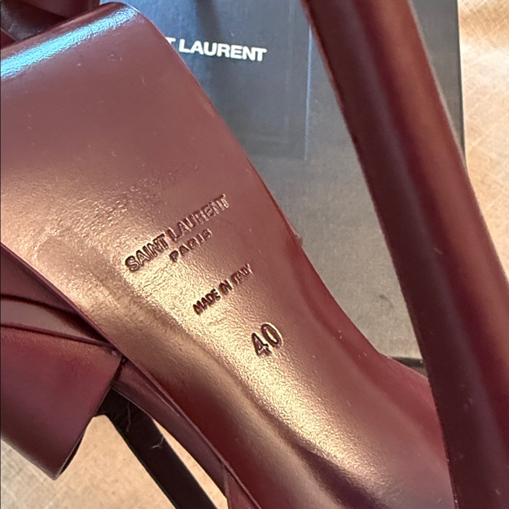 Saint Laurent Burgundy Knotted T-Strap Leather Heels - NWT - Picture 3 of 4